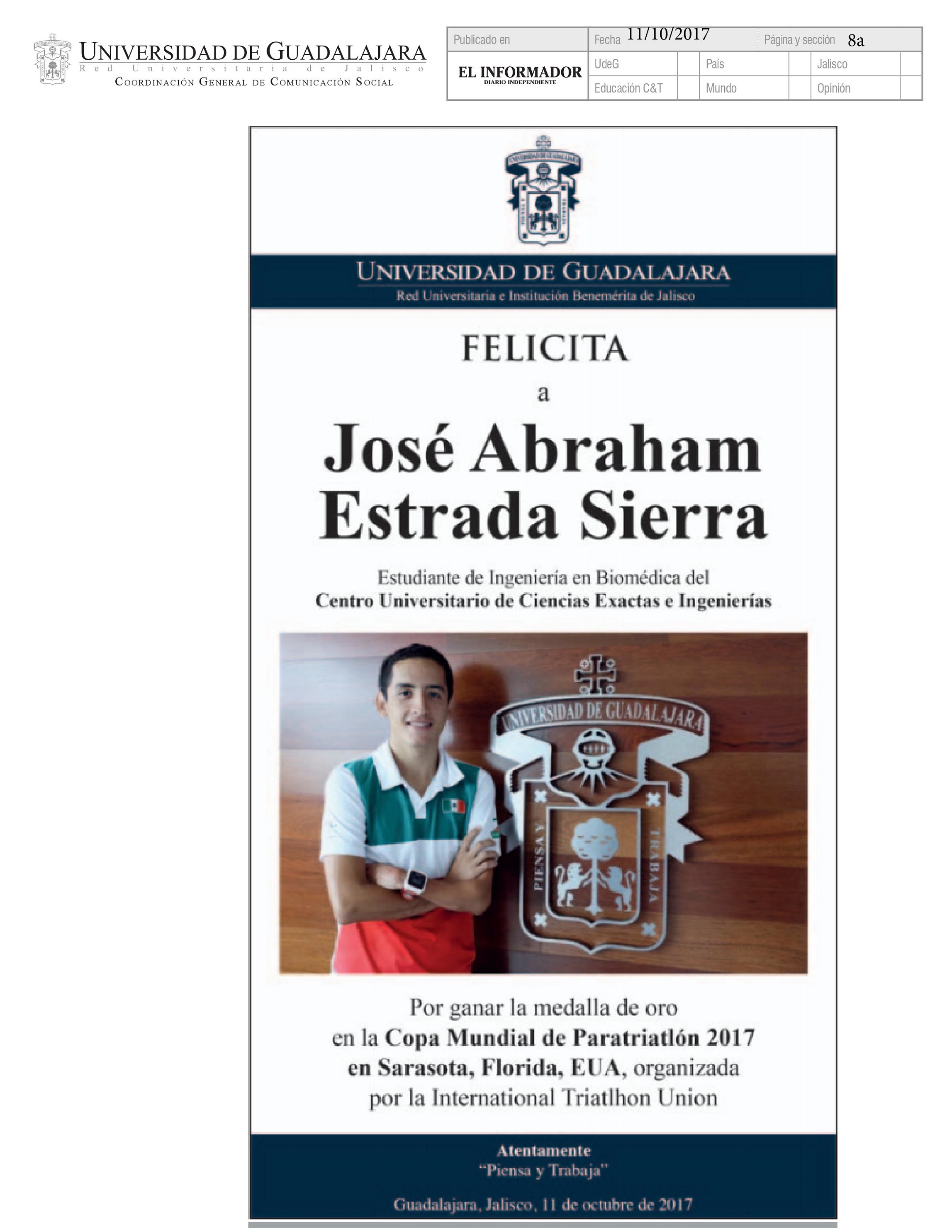 Universidad De Guadalajara Felicita A José Abraham Estrada Sierra